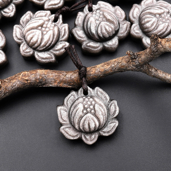 AAA Hand Carved Natural Silver Obsidian Lotus Flower Pendant Gemstone Focal Bead