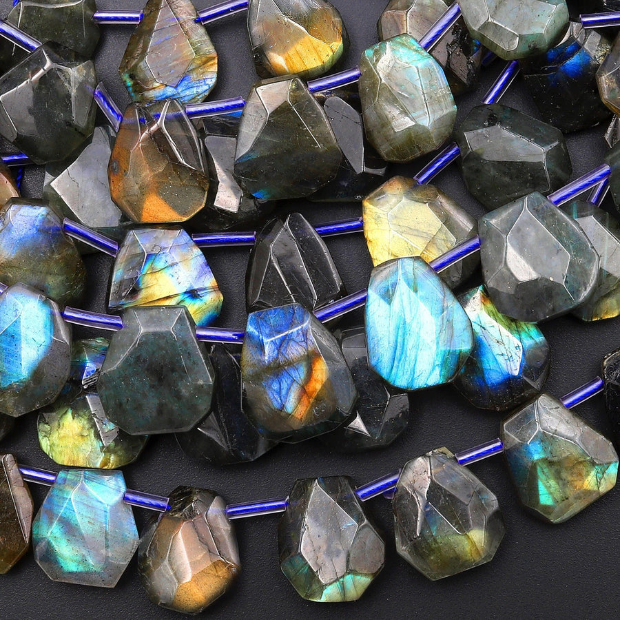 Natural Labradorite Beads Faceted Teardrop Earring Beads Side Drilled Golden Blue Green Flashes 15.5" Strand