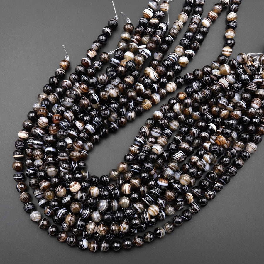 AAA Natural Black Dark Brown Sardonyx Agate 6mm 8mm 10mm Smooth Round Beads Amazing Eyes Bands Veins Stripes 15.5" Strand