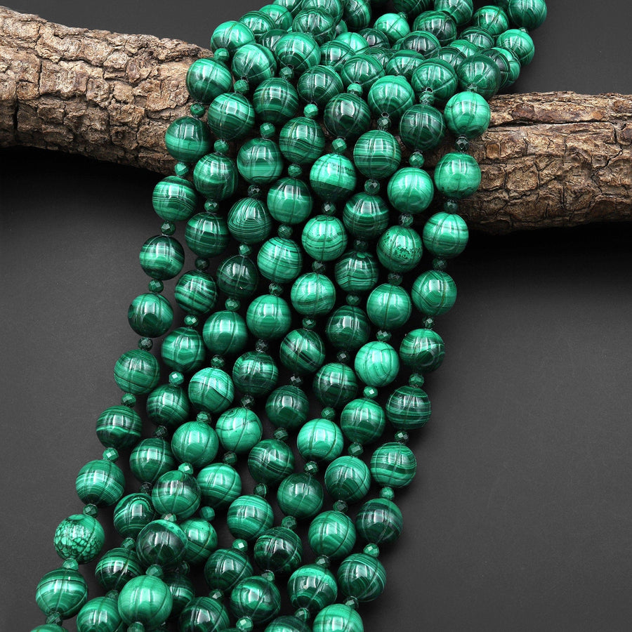 AAA Hand Carved Natural Green Malachite 12mm Melon Round Beads Gemstone 15" Strand