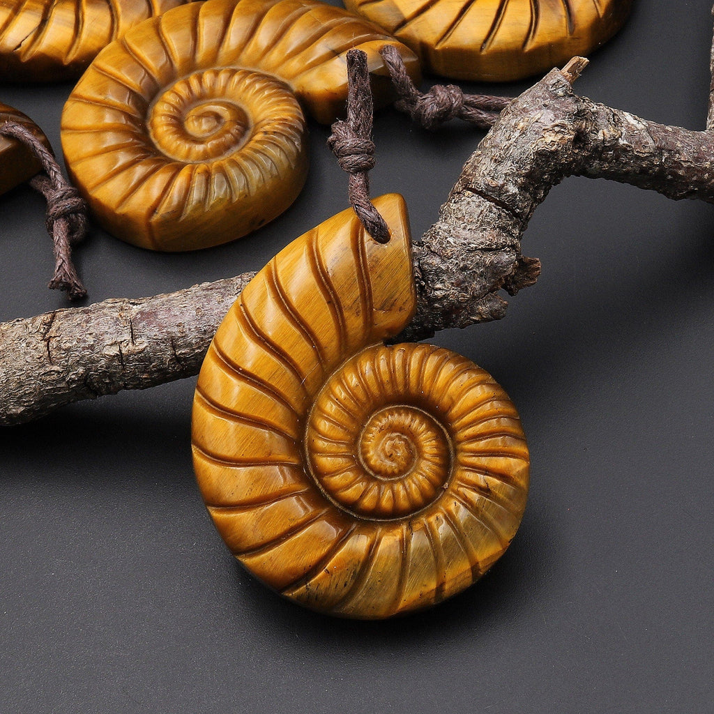 AAA Hand Carved Natural Golden Tiger's Eye Tiger Ammonite Pendant A3