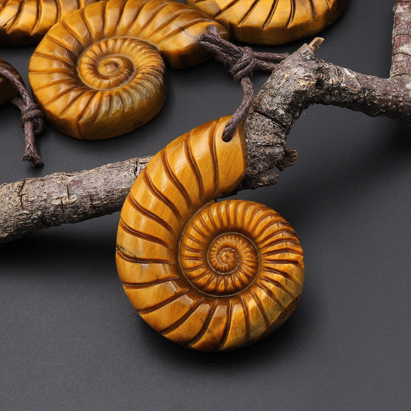 AAA Hand Carved Natural Golden Tiger's Eye Tiger Ammonite Pendant A4