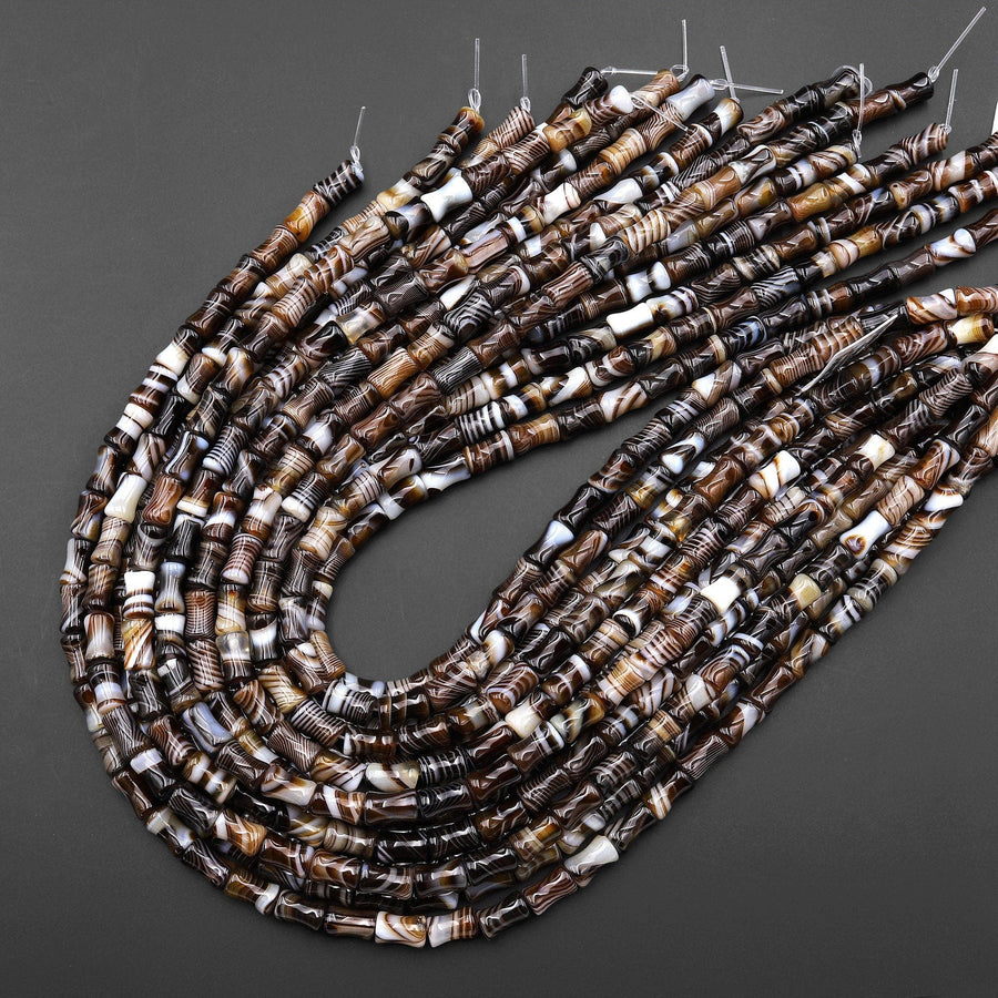 Natural Tibetan Agate Beads Smooth Bamboo Stem Tube Amazing Veins Bands Stripes Brown Black White Agate 15.5" Strand