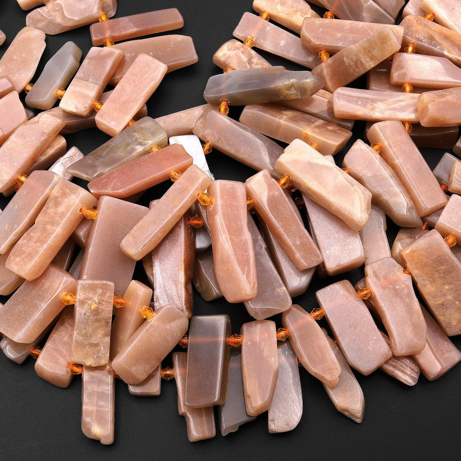 Natural Peach Moonstone Beads Cleopatra Style Freeform Thick Rectangle Spikes 15.5" Strand