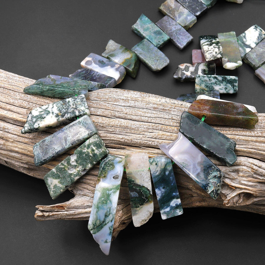 Natural Green Moss Agate Beads Cleopatra Style Freeform Thick Rectangle Spikes 15.5" A1Strand