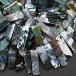 Natural Green Moss Agate Beads Cleopatra Style Freeform Thick Rectangle Spikes 15.5" Strand