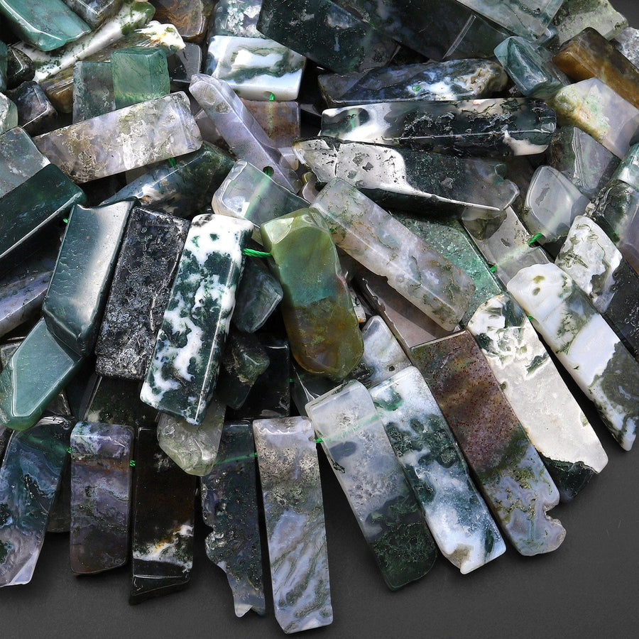 Natural Green Moss Agate Beads Cleopatra Style Freeform Thick Rectangle Spikes 15.5" Strand