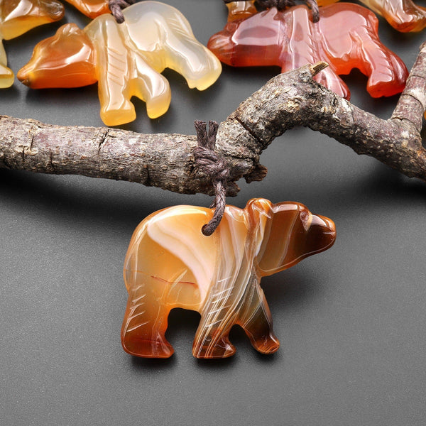 Hand-Carved Natural Carnelian Agate Bear Pendant