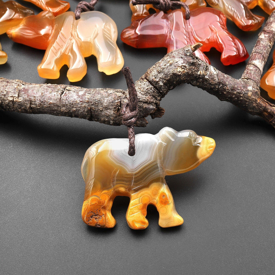 Hand-Carved Natural Carnelian Agate Bear Pendant A1