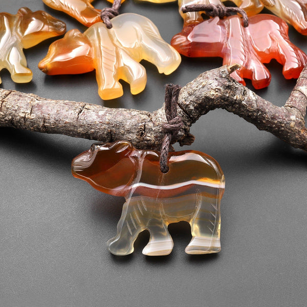 Hand-Carved Natural Carnelian Agate Bear Pendant A3
