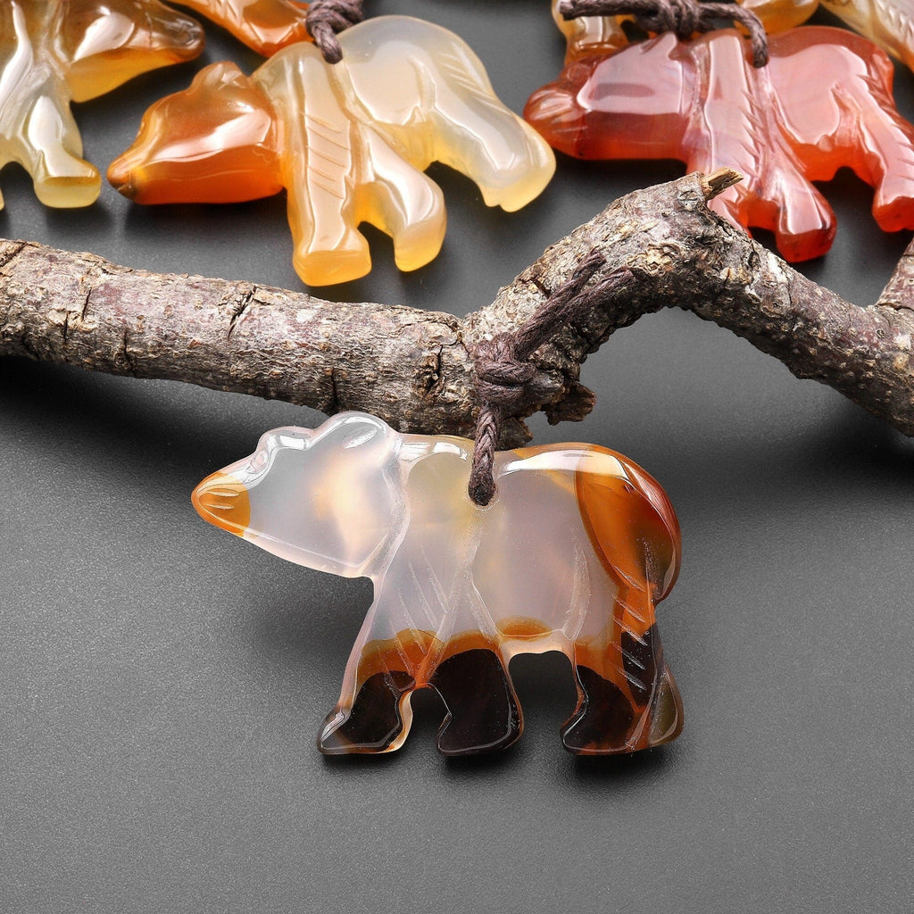 Hand-Carved Natural Carnelian Agate Bear Pendant A4