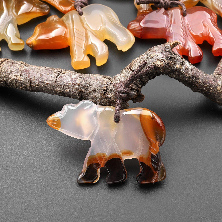 Hand-Carved Natural Carnelian Agate Bear Pendant A4