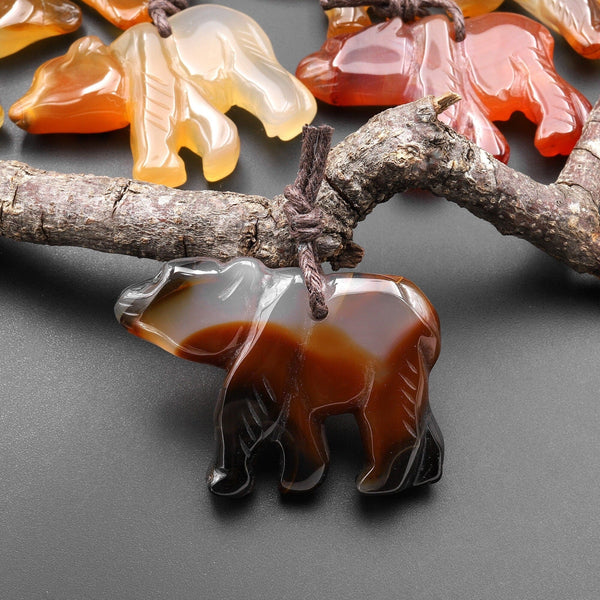 Hand-Carved Natural Carnelian Agate Bear Pendant A5