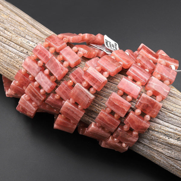 AAA Extra Gemmy Double Drilled Natural Red Pink Rhodochrosite 14x8mm Rectangle Bracelet Gemstone Beads 8" Strand