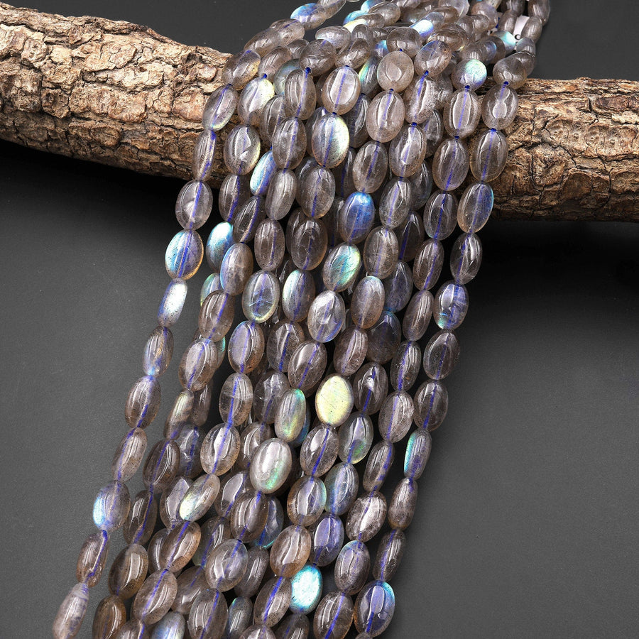 Natural Labradorite Smooth Oval Beads 12x8mm Brilliant Golden Blue Green Flashes 15.5" Strand