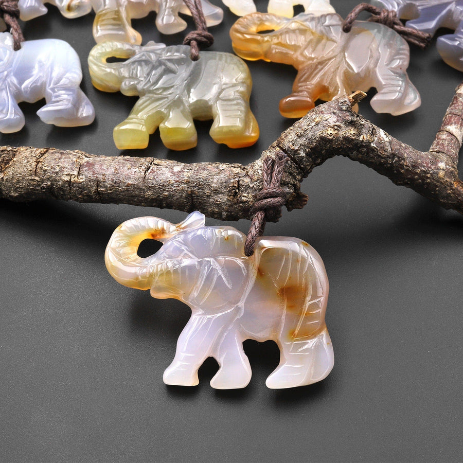 Hand-Carved Natural Carnelian Agate Elephant Pendant