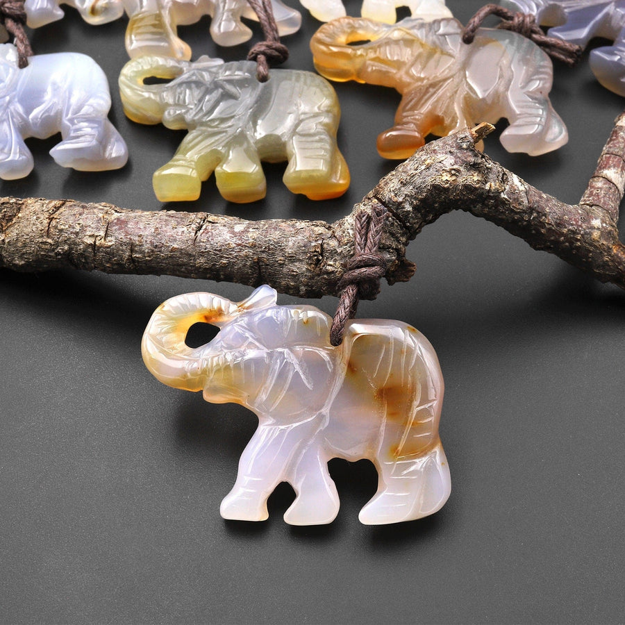 Hand-Carved Natural Carnelian Agate Elephant Pendant A2