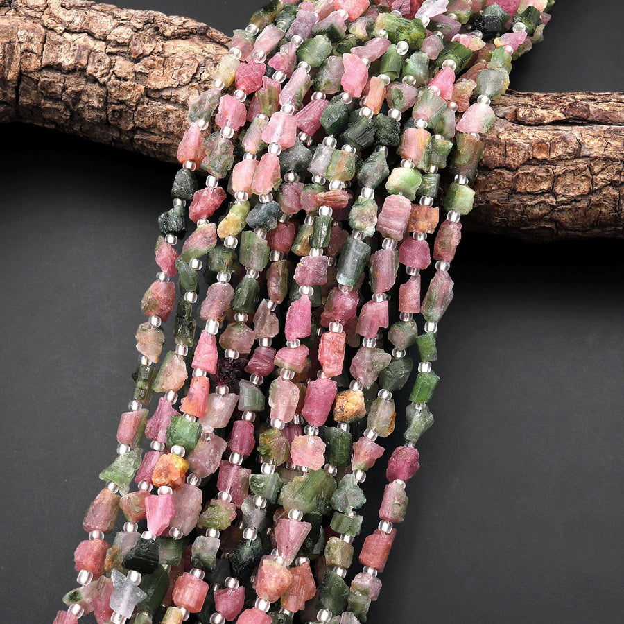 Natural Pink Green Watermelon Tourmaline Beads Freeform Hand Hammered Gemstone 15.5" Strand