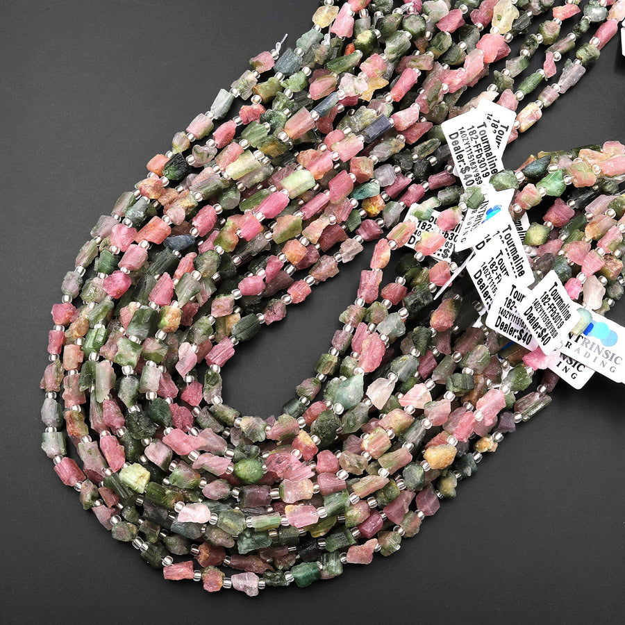 Natural Pink Green Watermelon Tourmaline Beads Freeform Hand Hammered Gemstone 15.5" Strand