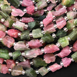 Natural Pink Green Watermelon Tourmaline Beads Freeform Hand Hammered Gemstone 15.5" Strand