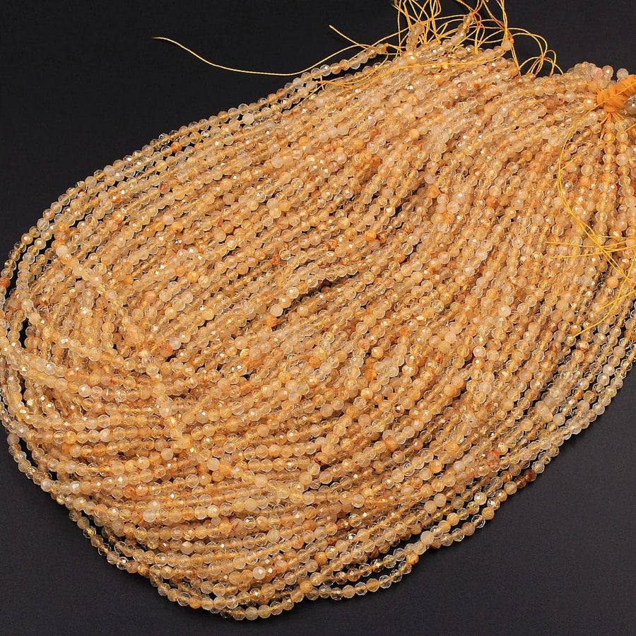 AA Grade Natural Golden Rutile Quartz 2mm 3mm 4mm 5mm Faceted Round Beads Sharp Golden Rutile Needle Gemstone 15.5" Strand