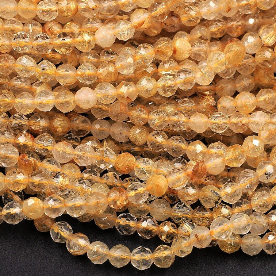 AA Grade Natural Golden Rutile Quartz 2mm 3mm 4mm 5mm Faceted Round Beads Sharp Golden Rutile Needle Gemstone 15.5" Strand