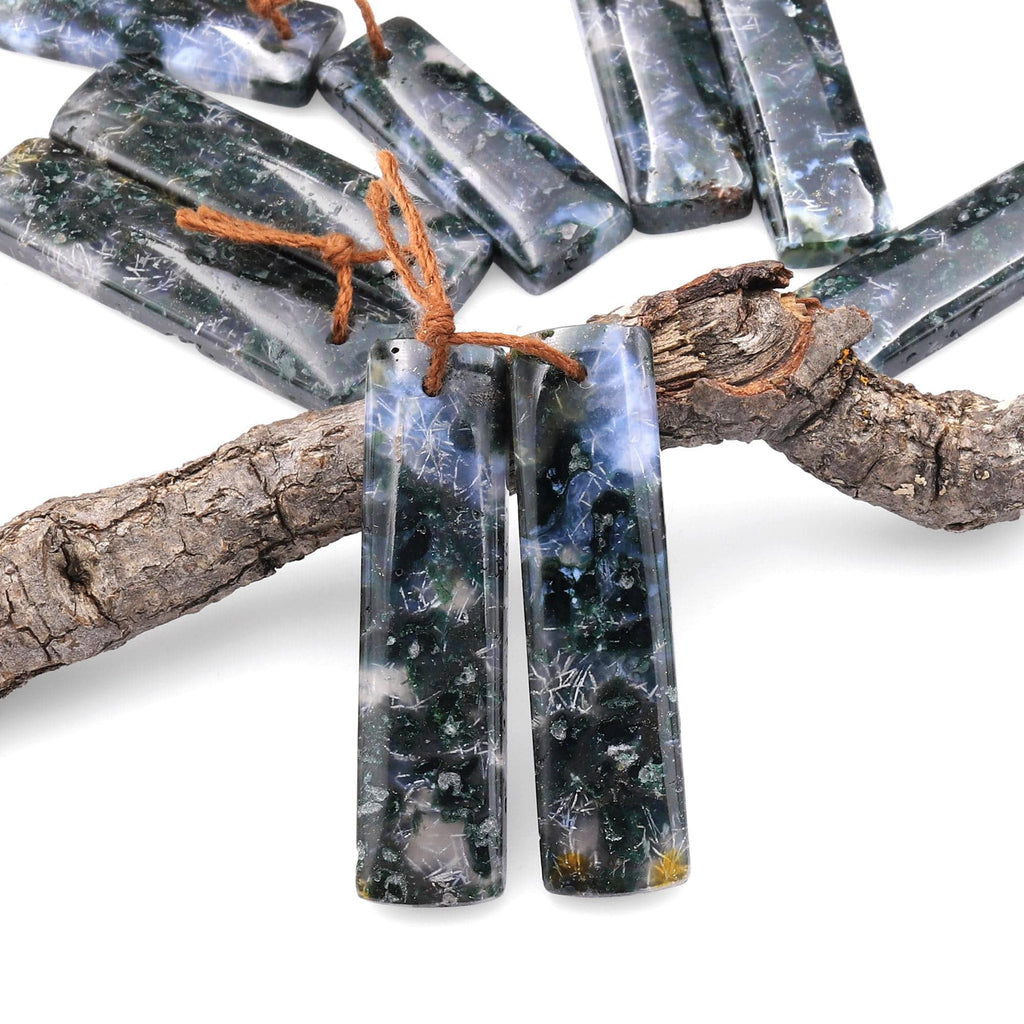 Natural Green Moss Agate Earring Pair Drilled Rectangle Pair Matched Gemstone Beads A1