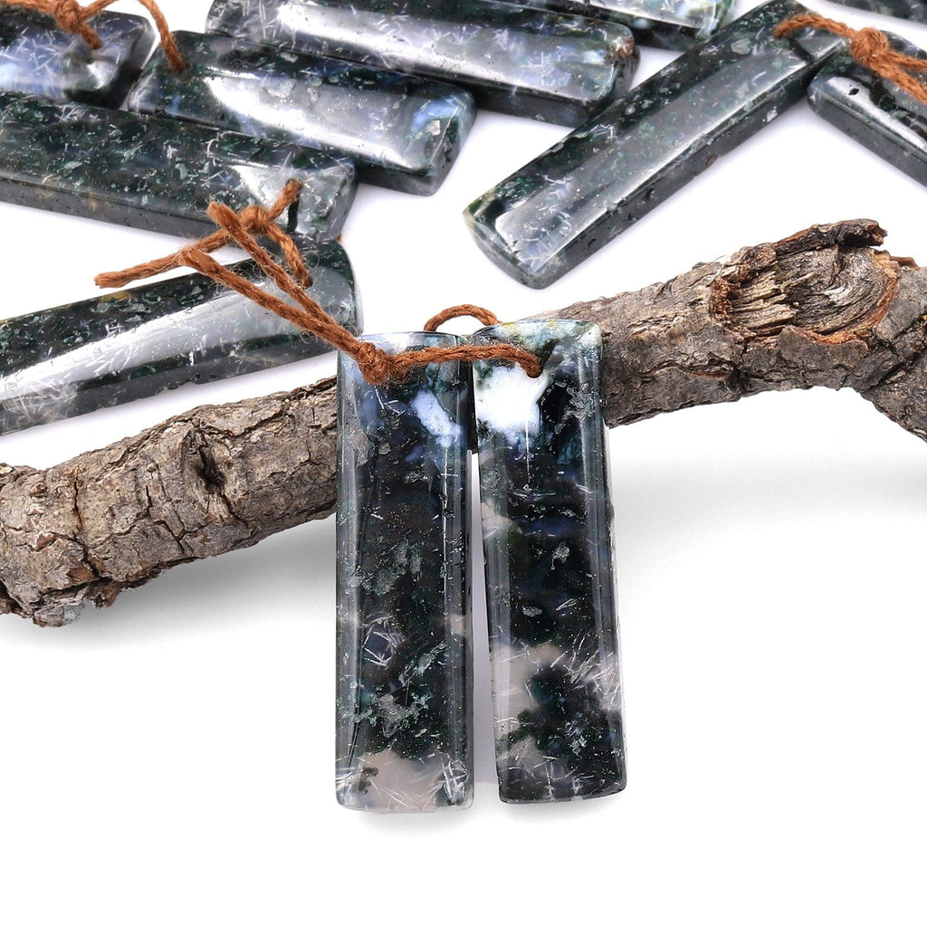 Natural Green Moss Agate Earring Pair Drilled Rectangle Pair Matched Gemstone Beads A3