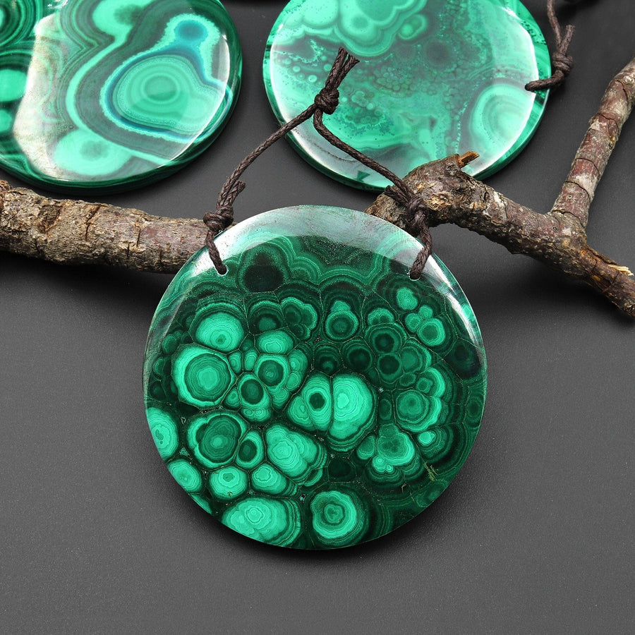 AAA+ 2 Hole Large Natural Green Malachite Pendant Circle Round Gemstone A2