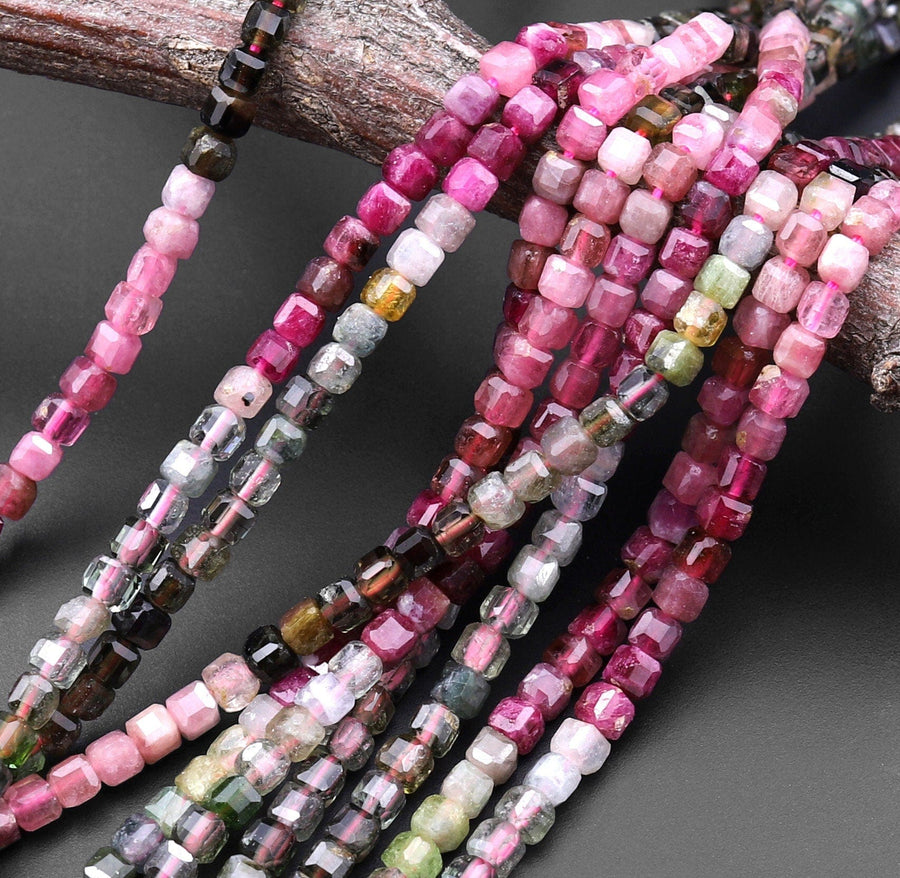 AAA Faceted Natural Multicolor Fuchsia Pink Green Tourmaline 3mm Cube Beads Gemstone 15.5" Strand