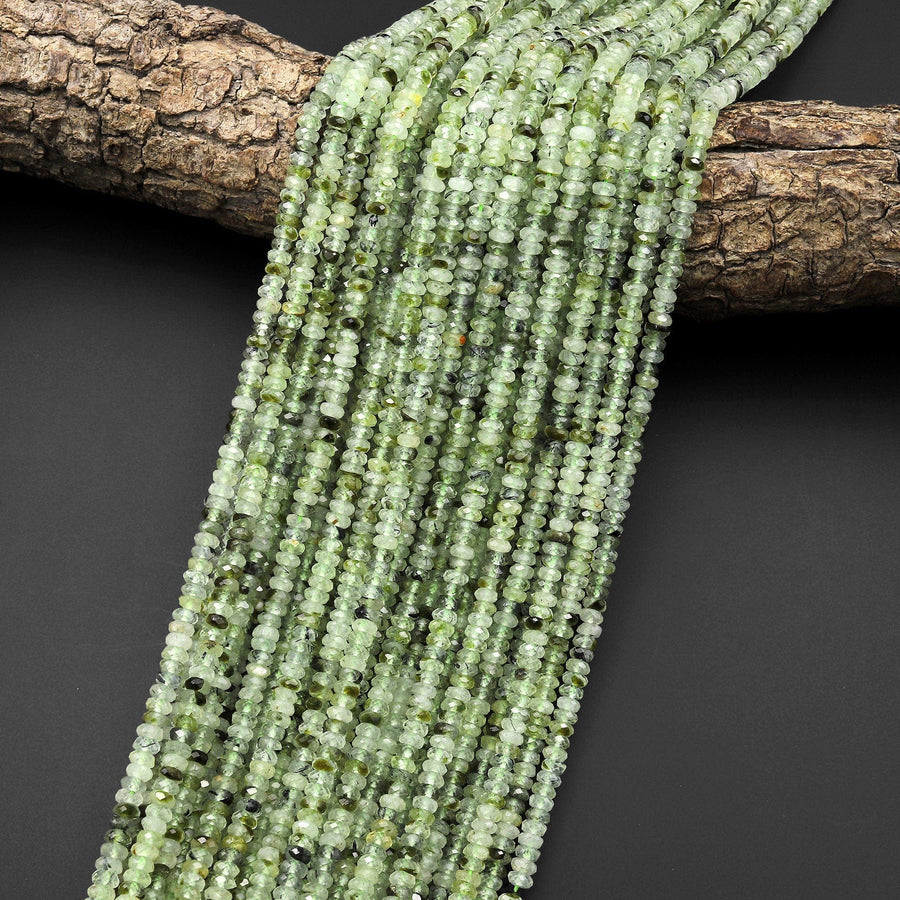 Faceted Natural Green Prehnite Thin Rondelle Beads 4mm Gemstone 15.5" Strand