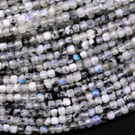 Natural Rainbow Moonstone Faceted 2mm 3mm 4mm Cube Dice Square Beads W/ Black Tourmaline Matrix 15.5" Strand