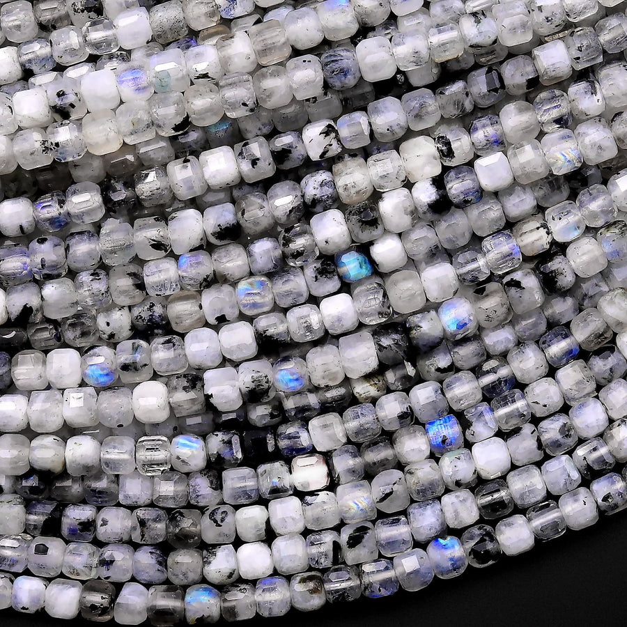 Natural Rainbow Moonstone Faceted 2mm 3mm 4mm Cube Dice Square Beads W/ Black Tourmaline Matrix 15.5" Strand