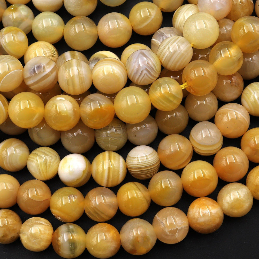 Natural Yellow Botswana Agate 8mm Smooth Round Beads 15.5" Strand