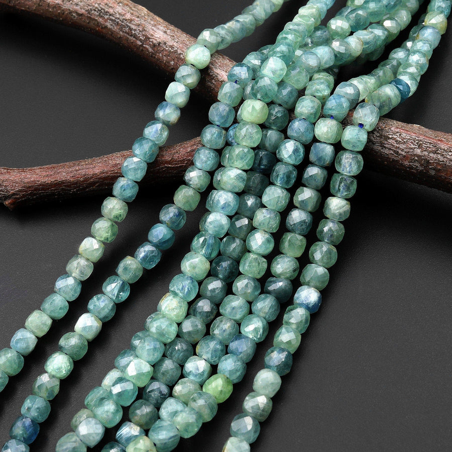 AAA Rare Faceted Natural Bicolor Blue Green Kyanite 4mm Cube Square Gemstone Beads 15.5" Strand