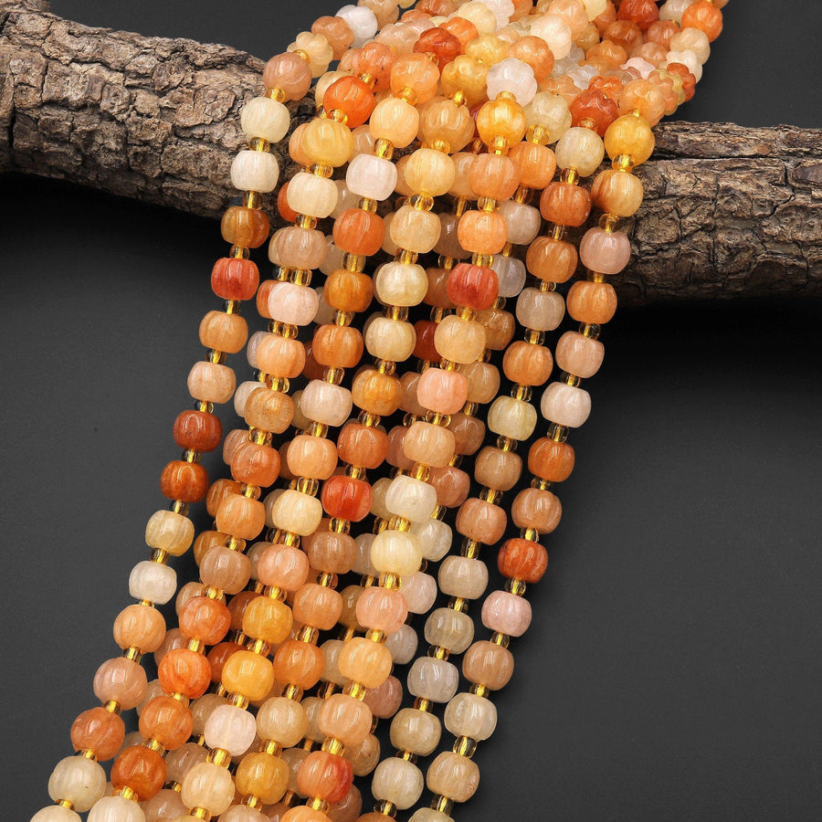 Hand Carved Natural Orange Aventurine 10mm 12mm Pumpkin Melon Rondelle Beads 15.5" Strand