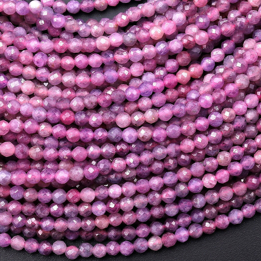 Natural Burma Ruby Faceted 2mm 3mm Round Beads Real Gemstone Micro Diamond Cut 15.5" Strand