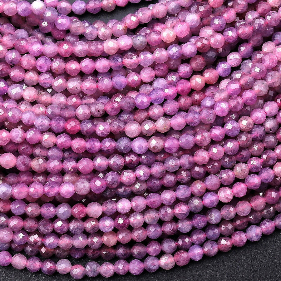 Natural Burma Ruby Faceted 2mm 3mm Round Beads Real Gemstone Micro Diamond Cut 15.5" Strand