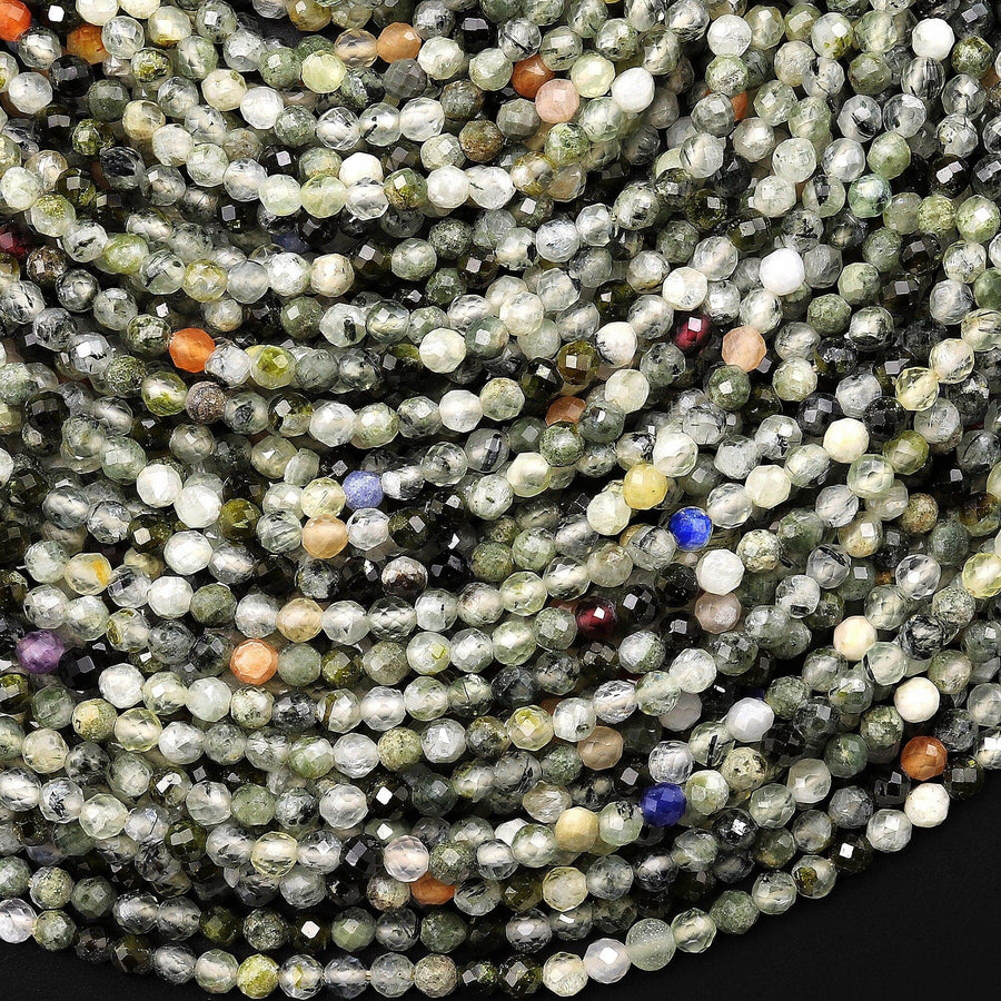 Faceted Multicolor Gemstone Round Beads 2mm 3mm Green Rutile Quartz Laser Diamond Cut Gemstone 15.5" Strand