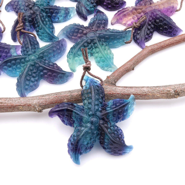 Hand Carved Natural Fluorite Starfish Gemstone Pendant A2