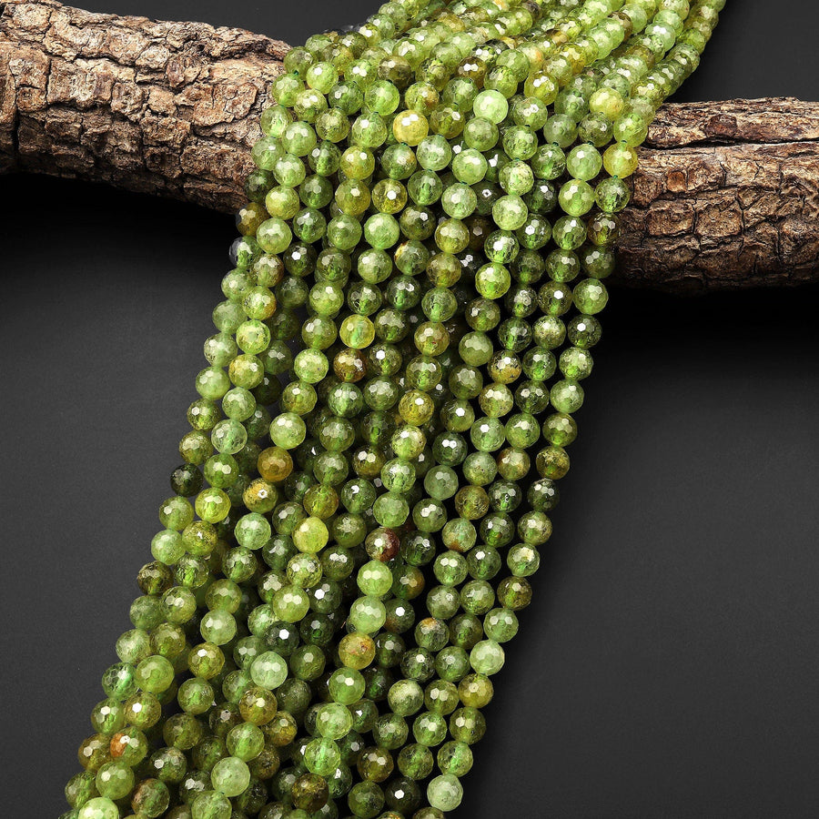 AAA Faceted 6mm Natural Green Garnet Round Beads Extra Translucent 15.5" Strand