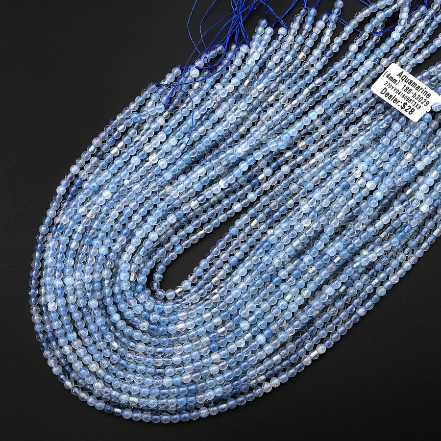 Translucent Natural Blue Aquamarine 4mm Smooth Round Beads 15.5" Strand