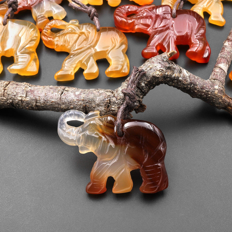 Hand-Carved Natural Red Golden Brown Carnelian Agate Elephant Pendant