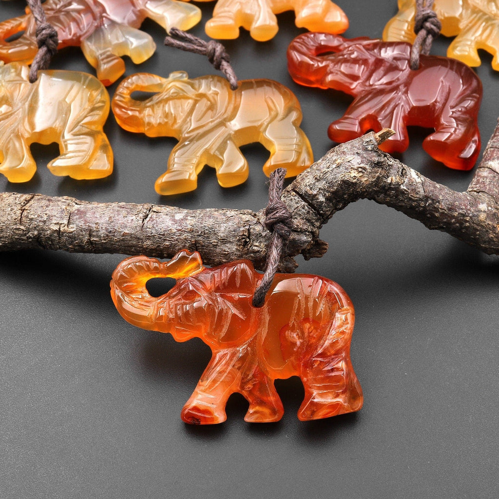 Hand-Carved Natural Red Golden Brown Carnelian Agate Elephant Pendant