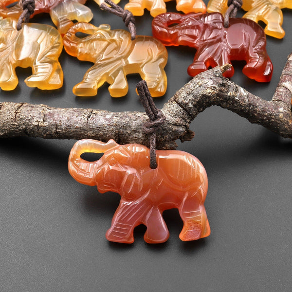Hand-Carved Natural Red Carnelian Agate Elephant Pendant A1