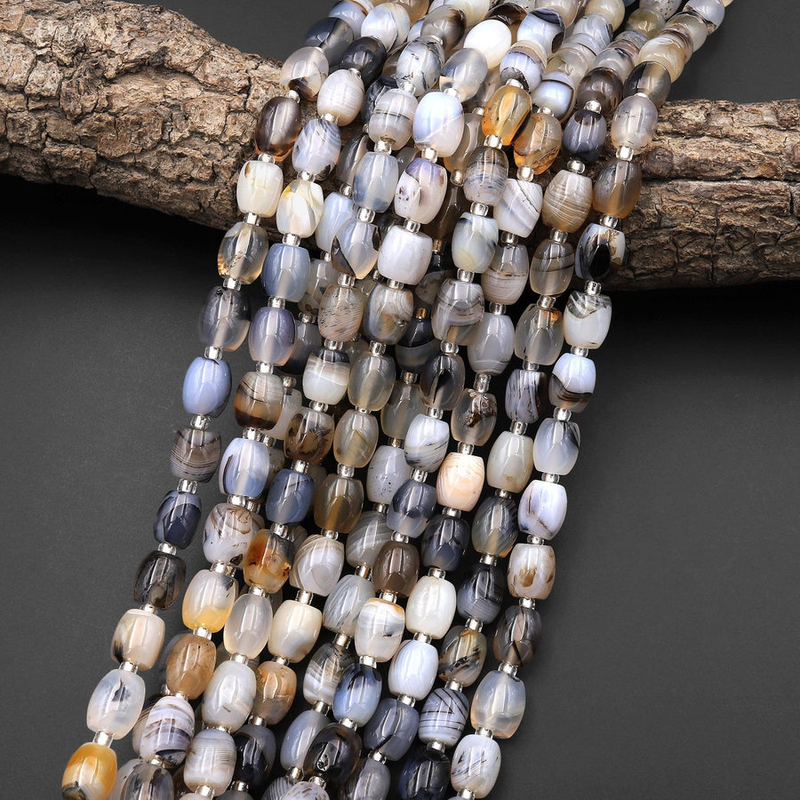 Natural Montana Agate Smooth Barrel Drum Beads Highly Polished Amazing Scenic Dendritic Pattern Black White Beads 15.5" Strand