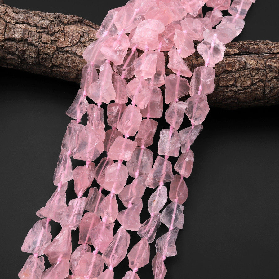 AAA Natural Pink Rose Quartz Beads Freeform Hammered Nuggets Organic Shape 15.5" Strand