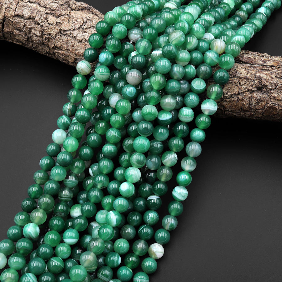 Green Striped Agate 6mm 8mm Smooth Round Beads Amazing Veins Bands 15" Strand