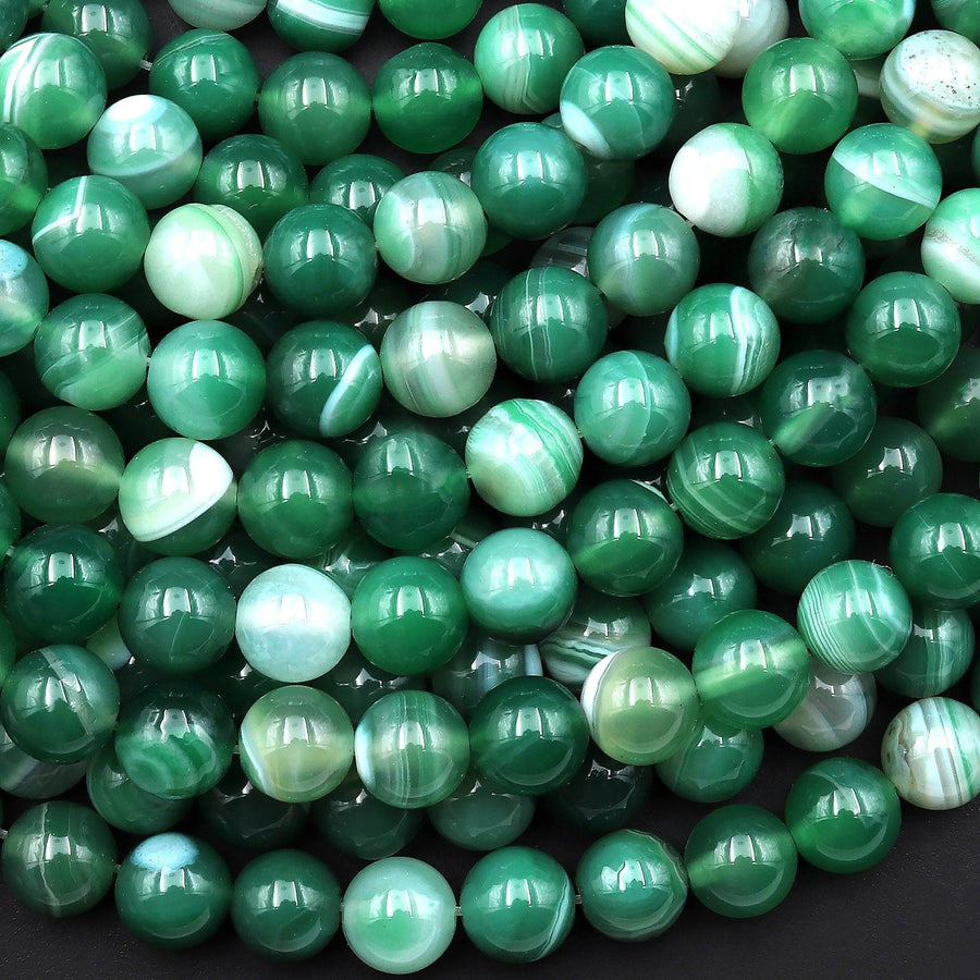 Green Striped Agate 6mm 8mm Smooth Round Beads Amazing Veins Bands 15" Strand