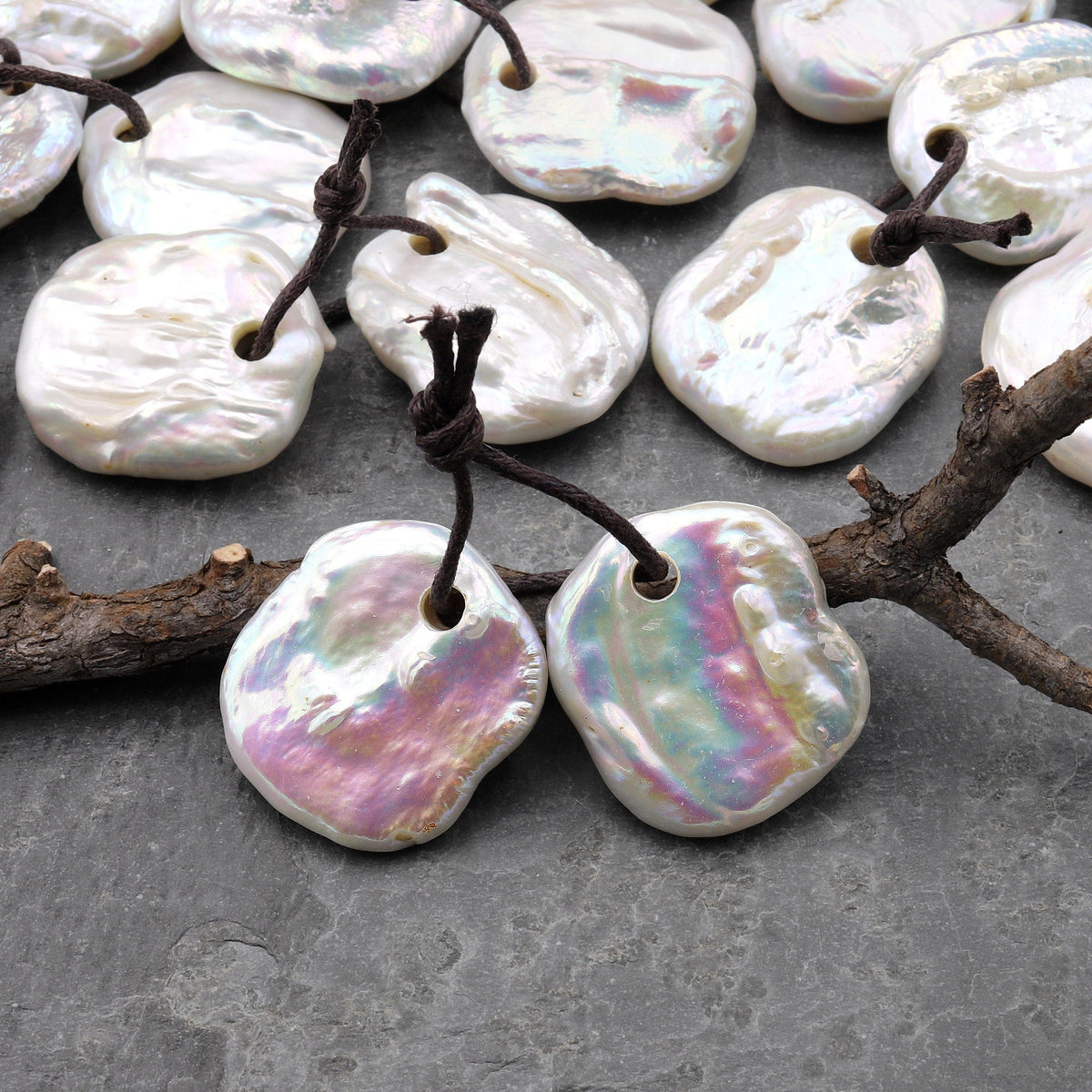 Large Natural White Freeform Rounded Square Coin Pearl Earrings Drille ...